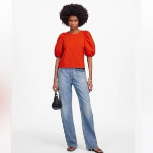 Madewell Bright Flame Orange Red Puff Sleeve Knit Top Shirt Size Medium NWOT